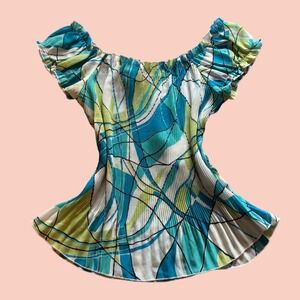 M Milano Women Small Teal Lime Abstract Pleated Off Shoulder Ruffle Blouse Top